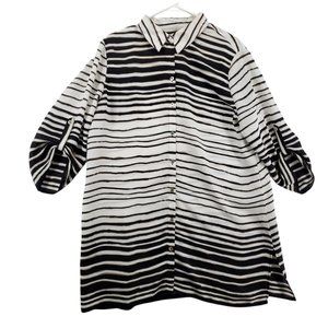 Chicos Top Women's 3/4 Sleeve Striped Button Up Tunic Black Large(12/14)